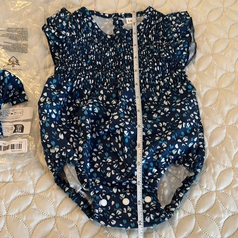 Blue Floral Smocked Bodice Baby Romper Snapped Crotch with Headband 3-6 M